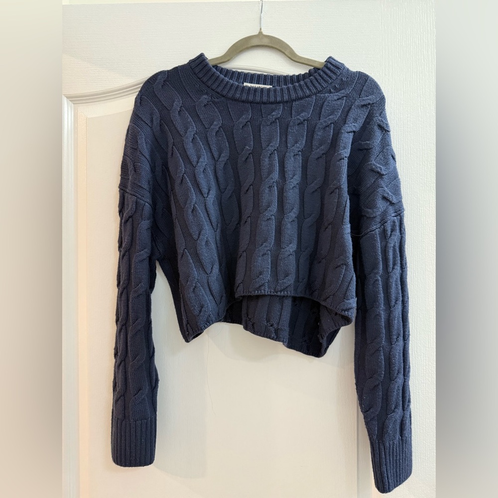 Aritzia Babaton Navy Cropped Cable Knit Merino Wool Sweater